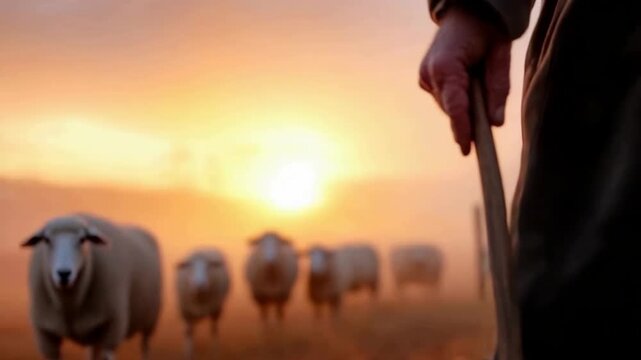 A shepherd stands with a staff as sheep move in the field during sunset. The sky shows bright colors as the sun sets behind the sheep. The setting is calm and rural