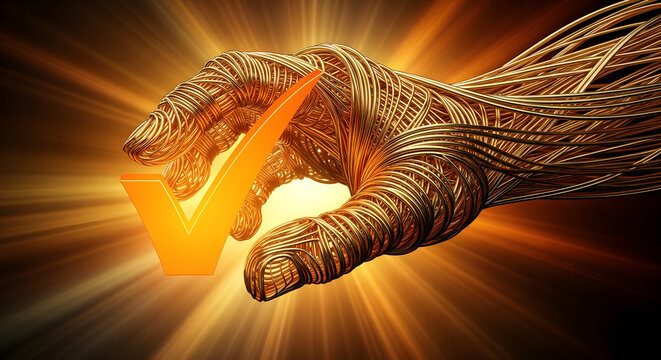 Conceptual image of a glowing orange checkmark held in a metallic, wire-like hand, symbolizing success, approval, and achievement against a radiant background