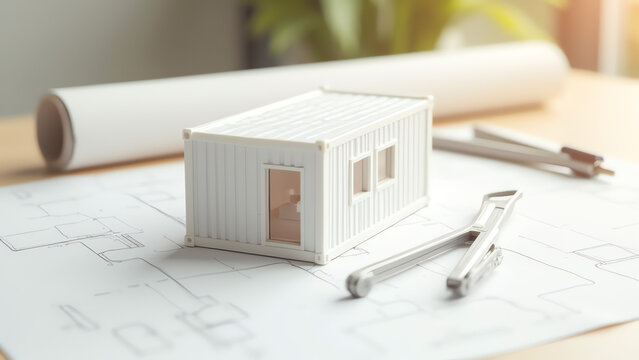 Architectural model house on blueprint with drafting tools and plants  