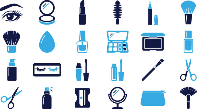 Makeup and beauty product icons featuring eye makeup tools brushes and application essentials for glamour and style.