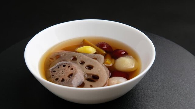 Lotus Root in Longan Syrup.Sweet Lotus Root Drink with Longan ,Ginkgo Biloba ,lotus seeds , jujube ,Water Chestnut and pumpkin in white bowl.