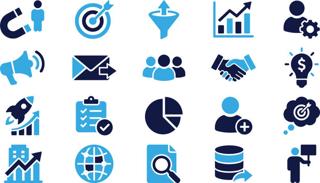 Business and marketing icons collection in blue and dark blue shades on white background.