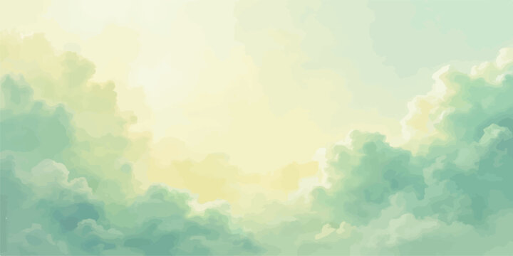 Abstract watercolor painting of soft pastelcolored clouds against a bright yellow and pale blue sky creating a serene atmospheric background