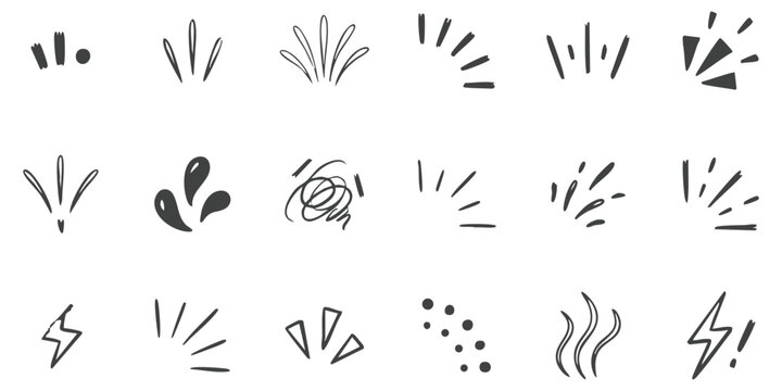 Set of hand drawn manga style comic book action effects and motion lines for graphic design and illustration