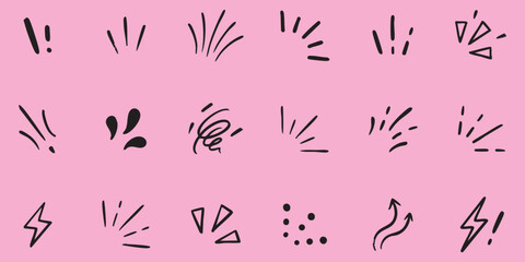 Set of hand drawn doodle comic book style action elements and cartoon motion lines on a pink background © ZenVectors