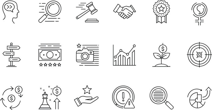 Collection of black and white line business productivity icons featuring gears, charts, calendars, financial symbols, teamwork, goals, and workflow management