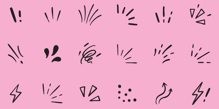 Set of hand drawn doodle comic book style action elements and cartoon motion lines on a pink background