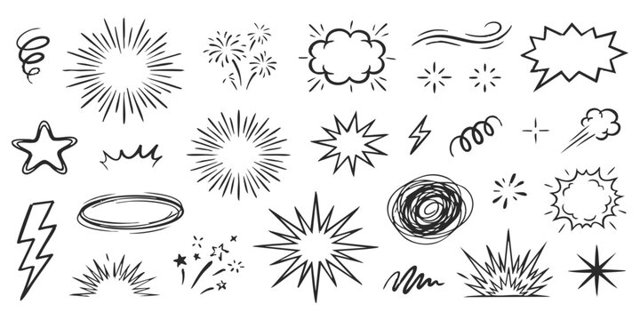 Set of hand drawn comic style doodle elements including explosions stars lightning bolts and speech bubbles shapes