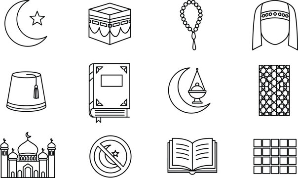 Minimalist Islamic Culture and Religion Icon Set Featuring Crescent Moon, Kaaba, Prayer Beads, Quran, Mosque, Traditional Attire, Lantern, Decorative Patterns,