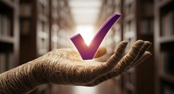 A hand holding a glowing checkmark symbol in a library, symbolizing knowledge and success, representing a correct decision or achievement