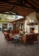Naklejka premium Modern patio with fireplace and comfortable furniture. Outdoor lounge area at luxury home. Relaxing backyard living space for entertaining guests. Cozy garden retreat with terra-cotta roof.