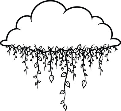 Decorative cloud outline with hanging vine leaves design element over white background