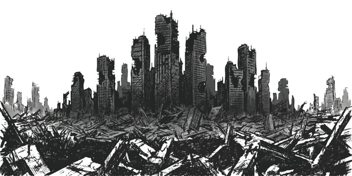 Black and white illustration of a destroyed city landscape with ruined buildings and debris after a disaster