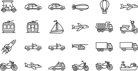 Minimalist Vehicles and Transportation Icon Set Featuring Cars, Trucks, Motorcycles, Airplanes, Helicopters, Boats, Scooters, Rockets, Hot Air Balloons, Zeppelins, Cable Cars, and Sailboats for  © Lipi