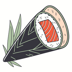 Hand drawn salmon sushi cone with rice and seaweed on white background cone sushi seafood © Mamu