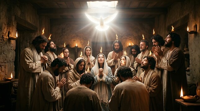 Group of man and woman disciples gathering in prayer during Pentecost. Holy Spirit represented by a glowing dove descends upon gathering. Bible scene of faith and spiritual awakening.