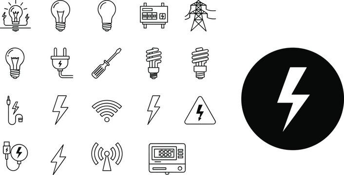 Black and white electricity icons set with light bulbs, plugs, lightning bolts, power tower, screwdriver, warning signs, and energy devices