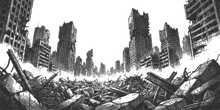 Ruined city with destroyed buildings and rubble after a disaster in a black and white sketch style illustration