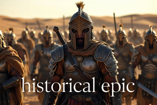 A group of heavily armored warriors, likely from a historical battle or campaign, stands in a desert landscape.