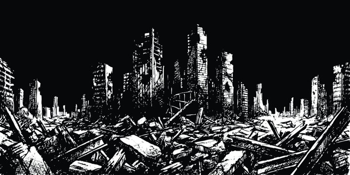 Black and white illustration of a destroyed city with broken buildings and piles of rubble after a disaster