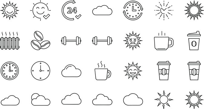 Minimalist Weather, Time, and Daily Life Icon Set Featuring Suns, Clouds, Clocks, 24-Hour Symbols, Coffee Cups, Coffee Beans, Dumbbells, and Morning Routine Symbols for Digital and Web Design.