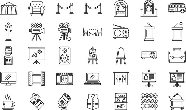 Minimalist Events, Business, and Media Icon Set Featuring Tents, Theater Seats, Cameras, Podiums, Projectors, Laptops, Audi
