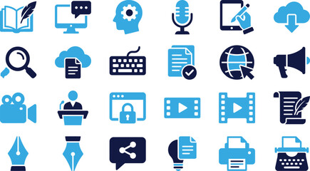 Set of modern icons representing communication and digital content creation tools. © Asif