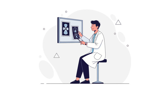 Doctor examining x-rays on a light blue background, medical illustration