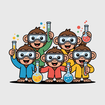 Playful primate scientists with colorful lab equipment conduct experiments, exploring chemistry and discovery in a whimsical digital illustration.
