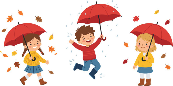 Happy kids in autumn rain with red umbrellas jumping in puddles and falling leaves cartoon illustration
