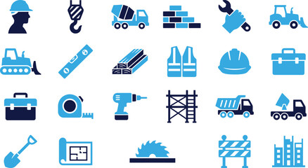 Collection of blue and dark blue flat construction industry icons with white background. © Asif