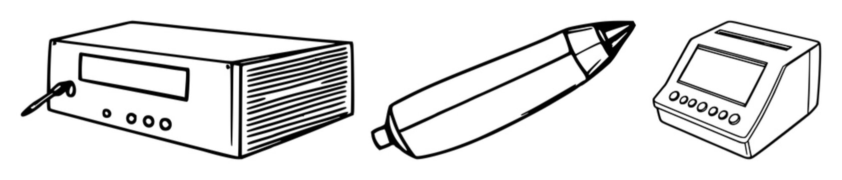 Modem set with black line art design featuring technology, communication, vintage circuit with iconography and typography