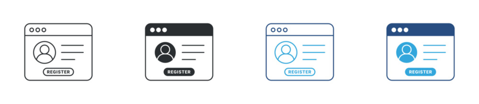 Register form icon set. user profile on web page with register button. account signup and onboarding concept. vector illustration.