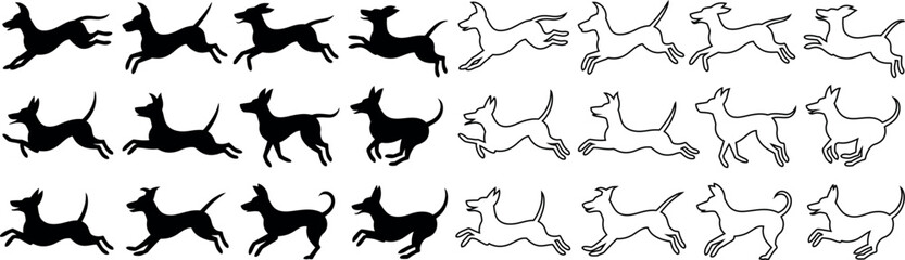 Obraz premium Collection of black silhouette and outline illustrations of dogs running in various poses isolated on white