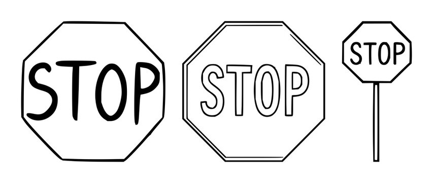 Stop sign set with outlined octagonal shape and clean black lines featuring traffic, signal, warning with road sign and attention icon