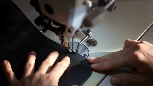 Closeup of hands sewing black fabric on a machine