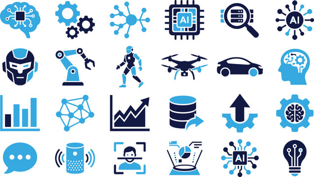 Artificial intelligence and technology flat icons, AI concepts, robotics and data graphic symbols.