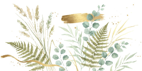 Watercolor illustration of green fern leaves and wild grass plants with soft artistic brush strokes in summer © ZenVectors