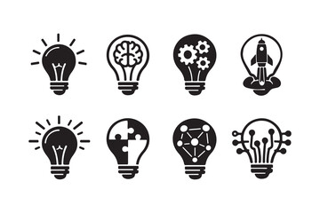 Naklejka premium Set of eight creative light bulb icons with different symbols for innovation and business.