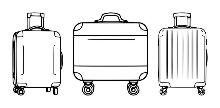 Luggage set with simple black line art style featuring suitcase, baggage, travel bag with wheels and handle