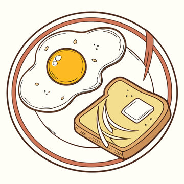 Fried egg and buttered toast on a plate with a brown border breakfast