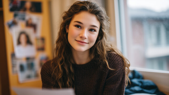 Teen girl practices spoken word in front of bedroom mirror, paper shaking slightly in hands, overcast window behind her, posters about mental health awareness taped to wall, ideal for teen self-expr