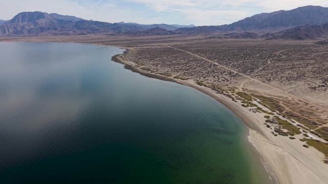 View campsites at La Gringa in Bahia De Los Angeles by the Sea of Cortez during a sunny day in Baja California, Mexico.