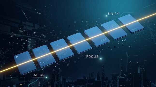 Data blocks align in a perfectly synchronized formation along a luminous golden trajectory to symbolize the seamless integration and high-tech unification of modern digital business systems today.