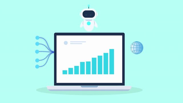 Animated laptop displaying rising data chart connected to cloud system with flowing lines and globe icon, representing global data network, analytics, and digital connectivity.