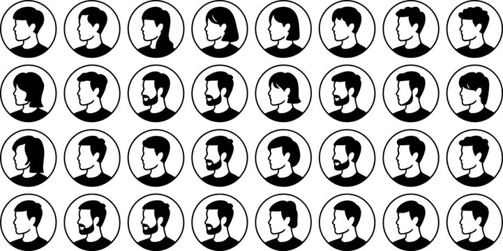 Collection of diverse male and female avatar profile icons facing left in circular frames against a white background