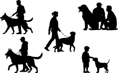 Collection of diverse people walking dogs and interacting with their pets in silhouette style © md manik hossain