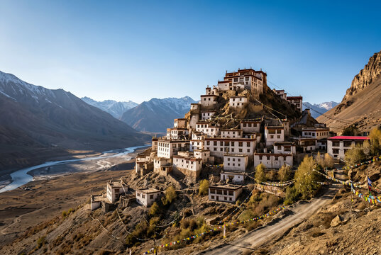 Key Monastery overlooking Spiti Valley under blue sky