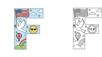 Obraz premium Letter F for Freedom Alphabet Illustration with American Flag Dove and Sun plus Outline Coloring Page Version for Kids Educational Activity and Patriotic Celebration Vector Art