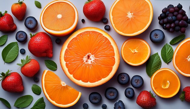 colorful fruit flatlay oranges berries